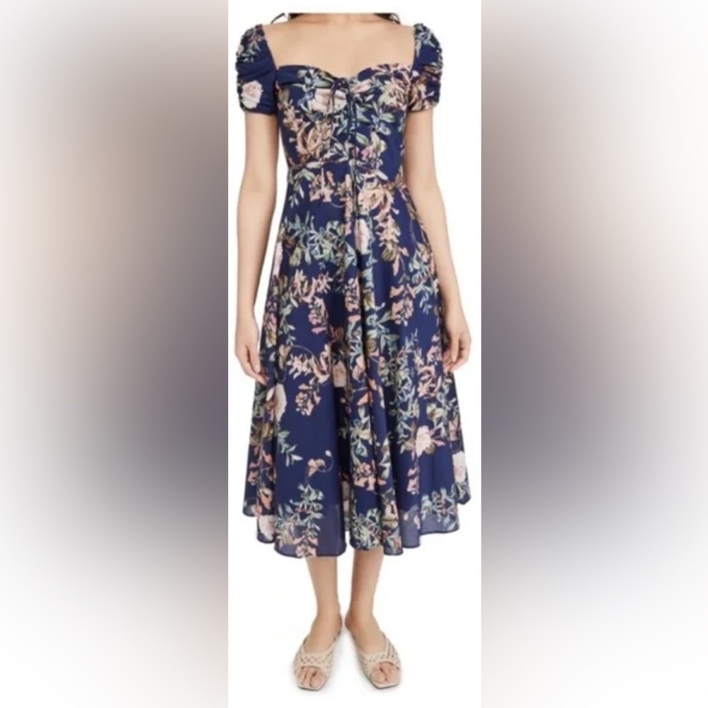 Cara Cara Bellport Blue Midi Floral Dress Fit & Flare Sweetheart Neck Designer - Picture 2 of 10